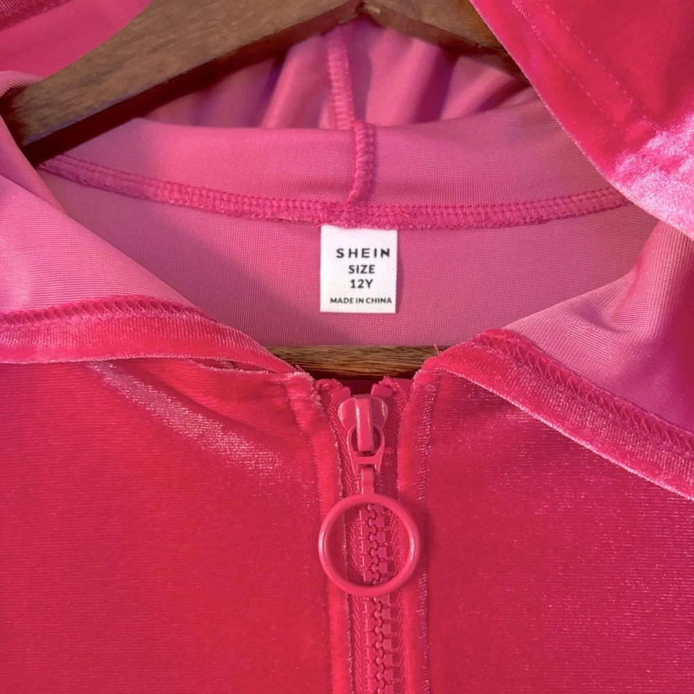 SHEIN Fuchsia Girls Velour‎ Zip-Up Hoodie Tracksuit Set Size 12